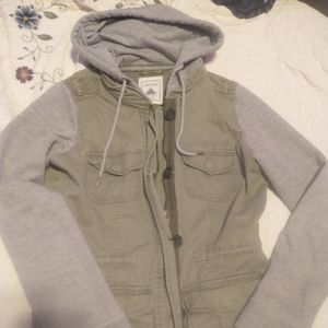 olive green jacket with gray sleeves and hood, ardene brand, size XS